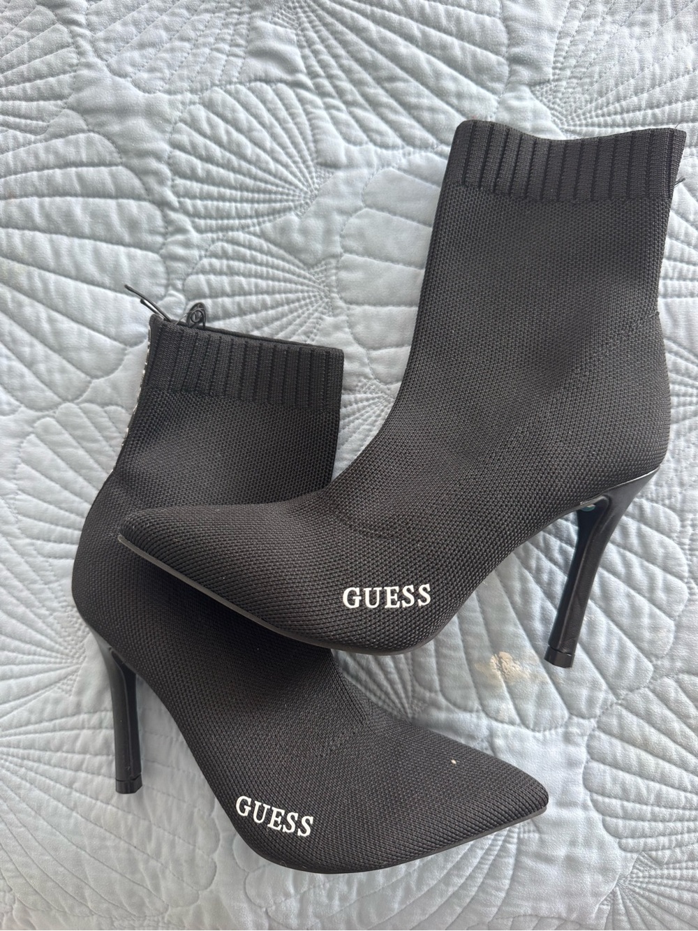 GUESS Black Knit Sock Booties with Pointed Toe Stiletto Heel